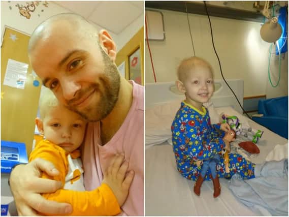 Left shows Birgir Sigmundsson with his son Jonas and right shows Jonas during his treatment. Photos supplied.