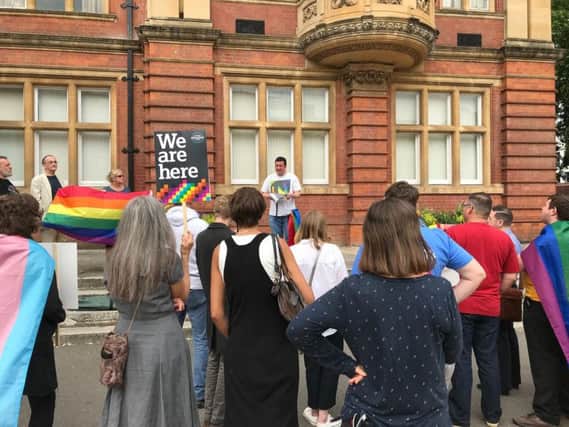 Daniel Brown of Warwickshire Pride talks at the demonstration.