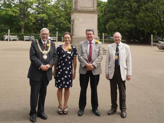 Left to right: Cllr Bill Gifford (Mayor of Leamington Spa), Emma Sibbing, Joe Heydon, Cllr George Illingworth (Chair of Warwick District Council)