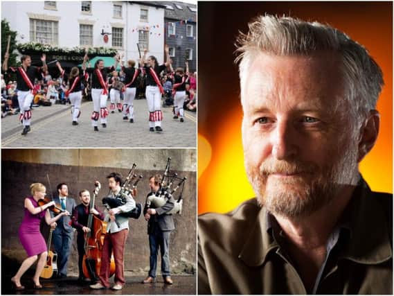 Top left show Morris dancers in Warwick town centre in 2017, right shows Billy Bragg (photo by Murdo McLeod) and bottom left shows Breabach (photo submitted).