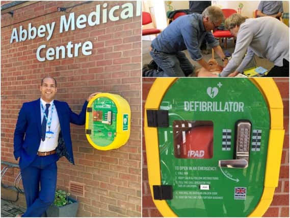 Left shows Ryan Smith, partner and practice manager at Abbey Medical Centre with one of the towns defibrillators.Top right shows a Kenilworth Heartsafe CPR session.