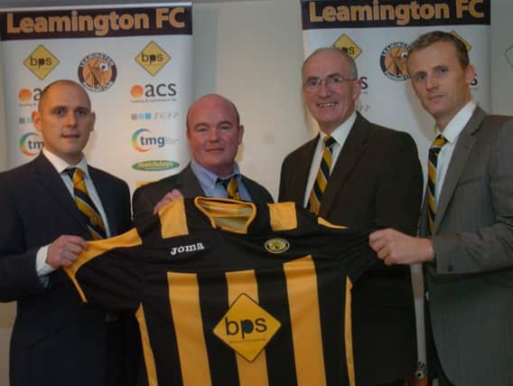 Paul Holleran is unveiled as Leamington manager alongside Lee Williams, chairman Jim Scott and Richard Beale.