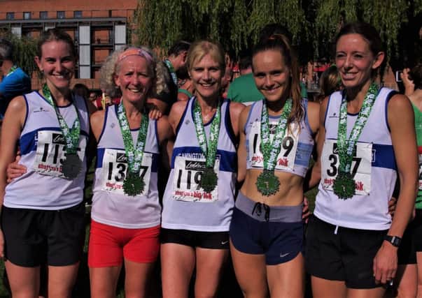 Leamington C&AC's Megan Rothman, Monica Williams, Jenny Jeeves, Natalie Bhangal and Kelly Edwards at Stratford's Big 10k. Picture: Les Barnett