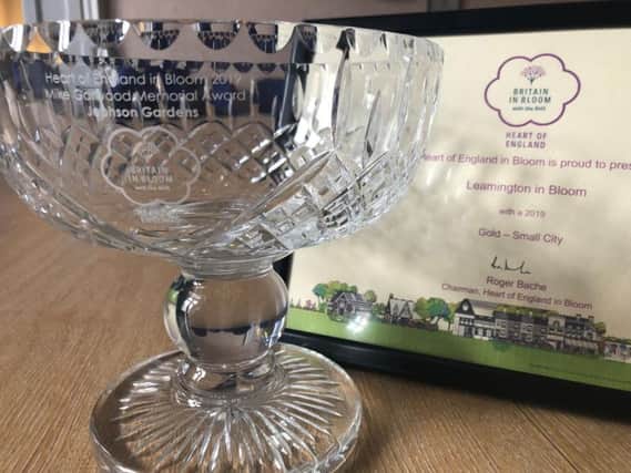 The Mike Garwood Memorial Award vase for Jephson Gardens and Gold Award certificate for Leamington in Bloom in the Heart of England in Bloom competition.