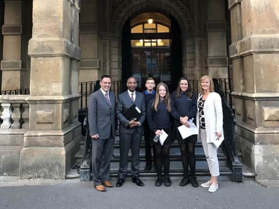 Deputy chair of the Kenilworth Multi Academy Trust and Warwick District Councillor Richard Hales, Headteacher Hayden Abbott and trustee Shirley Whiting join students at Leamington Town Hall where planning permission was approved for the new school and sixth form.