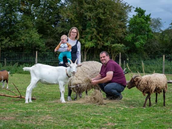 Simon and Kate Morris, and their six-month-old son Henry with Reggie the goat and Freckles the sheep.