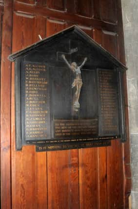 All Saint's Parish Church: the old Church of the Good Shepherd 1914-
1918, carved wooden Memorial  on the west wall of the  North Porch Lobby next
to the side door facing out towards the Post Office on Priory Terrace. Plus exterior pic of church.
mhlc-06-03-13 all saints mar 35
