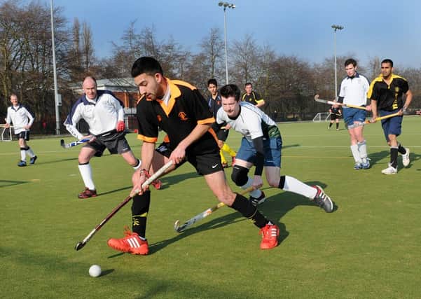 MHLC-02-03-13 Khalsa hockey Mar16 
 Khalsa's Second team playing in yellow and black home to Rugby & East Warwickshire at St Nicholas park in Warwick,

Pictured,MOM Sahvan Singh Lall,building attack in Rugby half .