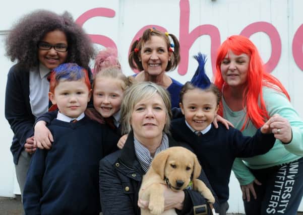 MHLC-08-03-13 Mad hair day MAR38 
St Joseph Catholic School, Whitnash, Pupils  and staff in mad hair day to raise fund for Guide Dogs for the Blind.
Pictured, In fthe front, Liz Gilbert from the guide dogs with nine weeks old puppy Nallor , Pupils Anita,Koen,Eva, Daniel, Staff, Anne Scott and Lisa McCrickard.
