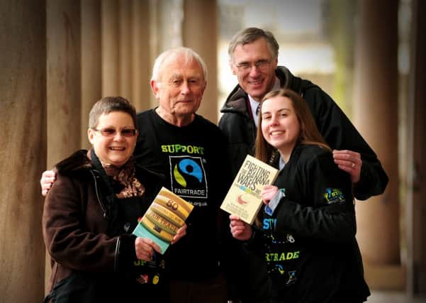 Members of Leamington Fairtrade Steering Group a running a 'book crossing' event, where they will leave books about Fairtrade at various places around the town for people to find, read and then pass on and share their thoughts on. 
Pictured: Carol Jones, John Myers, Robert Nash & Lucy Houlder.