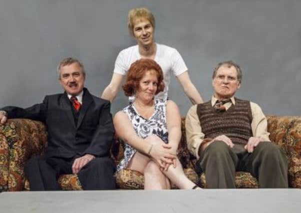 Howard Scott Walker as Ed, (standing) Chris Gilbey-Smith as Sloane, (seated) Kate Sawyer as Kath, (seated) and Neil Vallance as Kemp in the Loft Theatre.s production of Entertaining Mr Sloane.