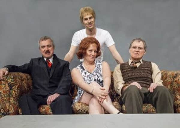 Howard Scott Walker as Ed, (standing) Chris Gilbey-Smith as Sloane, Kate Sawyer as Kath and Neil Vallance as Kemp in the Loft Theatre's production of Entertaining Mr Sloane.