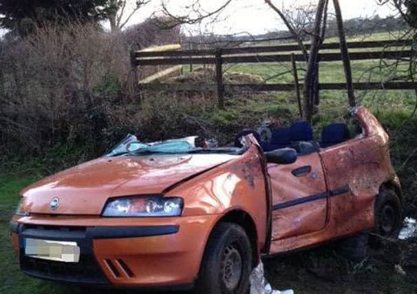 The car that was wrecked after crashing into a tree in Kineton.