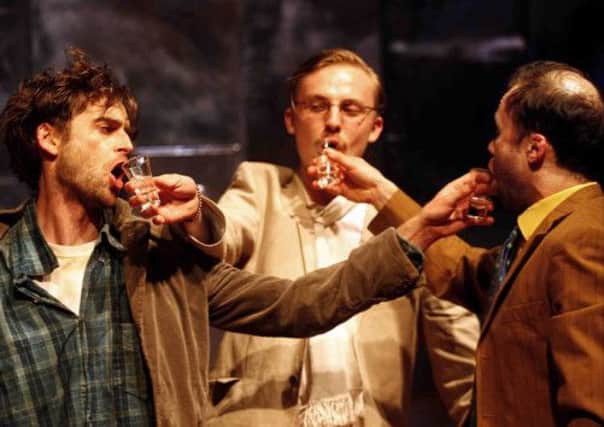 Jack Laskey, Tom Canton and Simon Scardifield in Sons Without Fathers at the Belgrade Theatre.