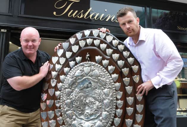 MHLC-20-07-13 Shield Jul180, Brakes manager Paul Holleran  and Tustains' co-owner Tom Milner with the Southern League Shield.