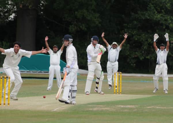 Luke Radford survives a confident lbw appeal on his way to an unbeaten 180 for Leamington against Semthwick last Saturday.
 Picture: Morris Troughton MHLC-27-07-13 Leamington CC Jul194