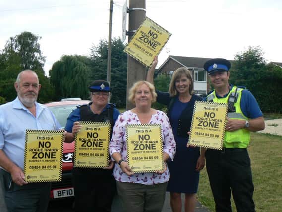 Launching the No Rogue Trader Zone, (from left to right) were Warwick District Councillor and Town Councillor Tony Heath, Warwickshire PCSO Jackie Pimlott, Warwick District Councillor and Town Councillor Judy Felp, Head of Warwickshire Trading Standards Janet Faulkner and Warwickshire PCSO Steve Sample.