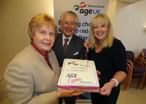 Age UK was celebrating it's tenth year at their offices in  Clemens Street, Leamington, on Thursday. Cutting the cake are Elizabeth Phillips (Chief Executive), Michael Smedley (President) and Liz Kershaw (Patron).
MHLC-17-10-13 Age UK Oct27