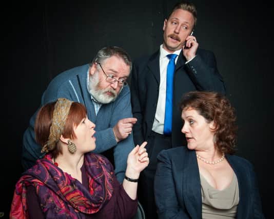 Matthew Salisbury, Peter Gillam (on phone), Sarah Campbell and Chris Ives in the Talisman's production of God of Carnage.