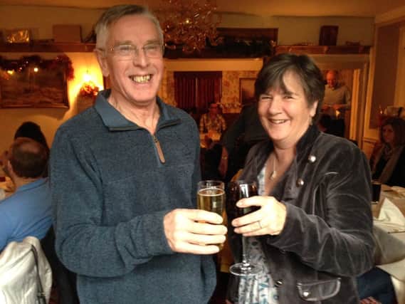 Mervyn Fell and Sue Foden of the Kineton Amateur Dramatics Society celebrate their engagement.