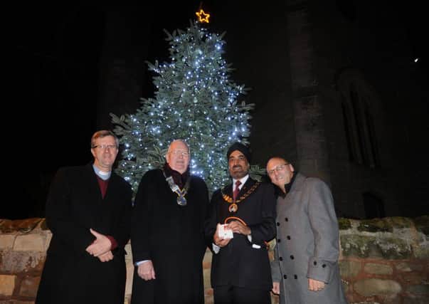 Whitnash's Tree of Light was switched on by Mayor ParminderBirdi. He was joined by the President of the Rotary Club of Royal Leamington Spa Peter Barton,  the Rev Richard Suffern  and Nigel Adams from Myton Hospice .  MHLC-16-11-13 Whitnash tree Nov66