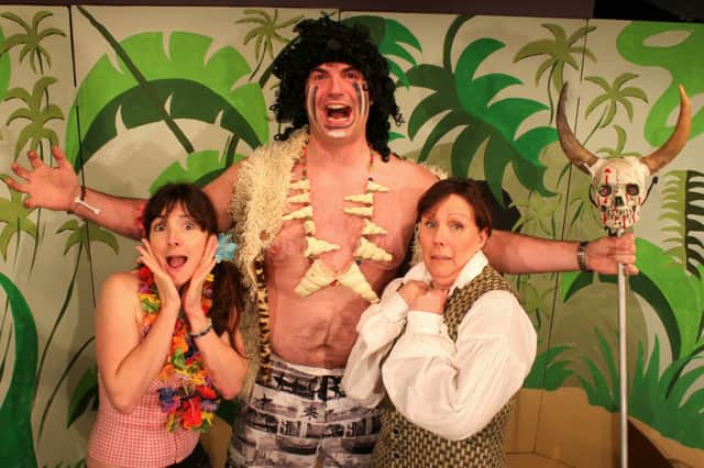 Friday (Rebecca Warner), Doomsday (James Suther) and Crusoe (Sam Kneeshaw) in the Cubbington Players production of Robinson Crusoe.