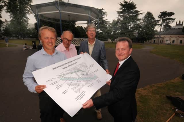 Archie Pitts, chairman of the Friends of the Pump Room Gardens, pictured last summer with plans for the Pump Room Gardens, with Chris White MP, Warwick District Council officer David Anderson and district councillor Stephen Cross.
