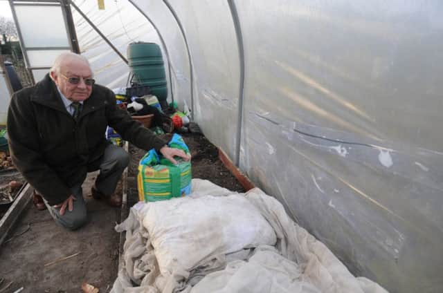 Roy Evans shows the latest damage caused to his polytunnel in Whitnash.