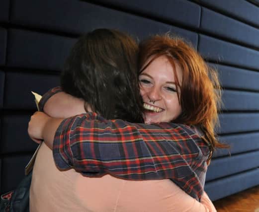Myton School former pupils Emily Turner and Claire Feeney celebrate their A-level results last summer.