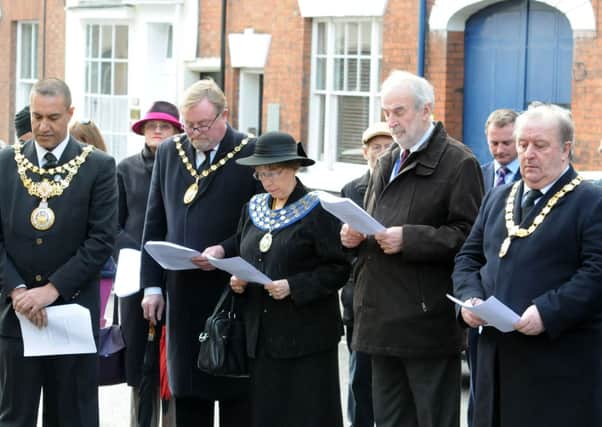 Holocaust Memorial Day in Warwick.
The Mayor of Warwick Cllr. Bob Dhillon, Chairman of Warwick District Council Cllr. Richard Davies, Mayor of Kenilworth Cllr. Felicity Bunker and Chairman of Warwickshire County Council Cllr. Dave Shilton.
MHLC-27-01-14 holocaust jan36