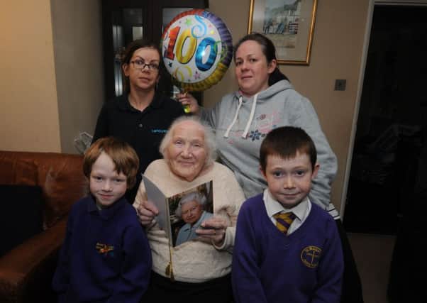 Mrs Bertha Scanlon from Whitnash was 100 on Tuesday. She is pictured with her great grandchildren George Hawkins 9 and Jack Hawkins 6 plus her granddaughters Jan Scanlon and Jo Hawkins.
MHLC-21-01-14 Bertha 100 Jan32