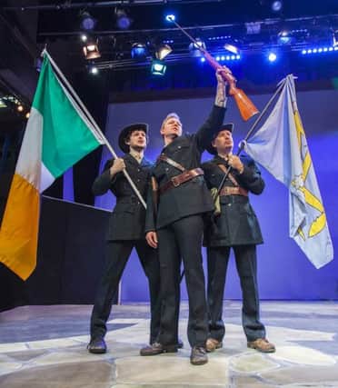 Peter Meredith (Lt Langon), Peter Gillam (Commandant Clitheroe) and David Perryman as members of the Irish Citizens' Army in The Plough And The Stars at the Loft Theatre.