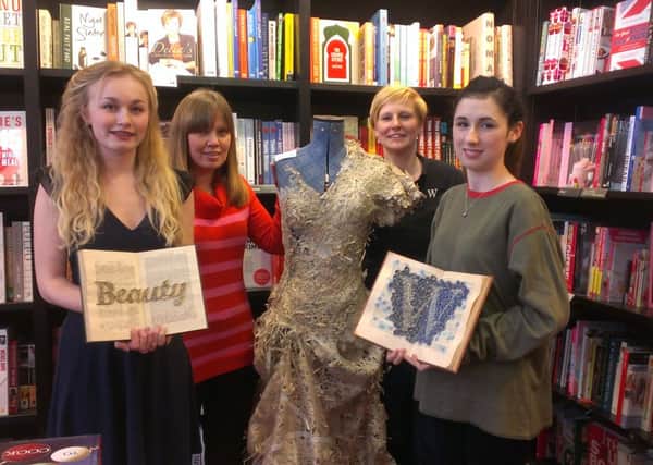 Sixth formers, Ellie O'Neil and Romily Dutton with art teacher, Claire Nicoll and Waterstone's manager, Jenn Carson
