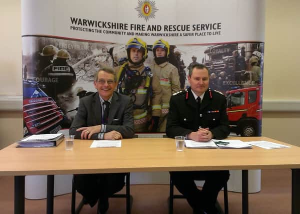 Cllr Les Caborn and Warwickshire chief fire officer Andy Hickmott at the launch of Warwickshire Fire and Rescue Service's consultation into the first stage of its four-year £2.4million savings plan.