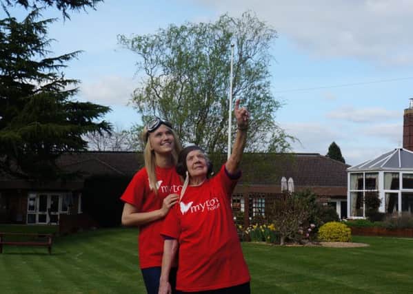 Loretta Franks and Barbara Rawlings prepare for their skydives for Myton Hospice.