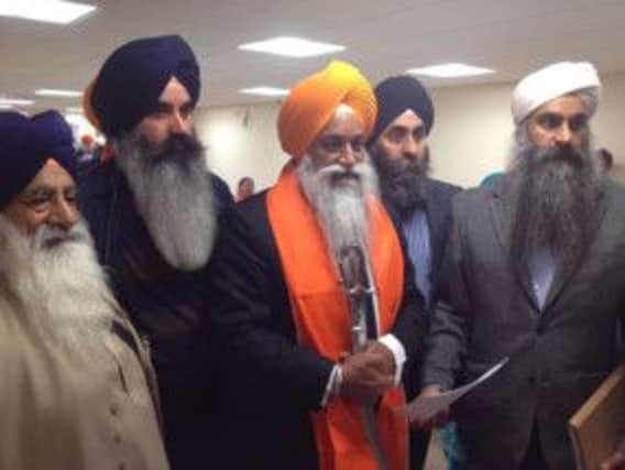 The Supreme Sikh leader, Jathedar Giani Gurbachan Singh Ji, with Resham Singh Dulay, Satnam Singh Nagra, Jagtar Singh Gill and Baljinder Singh Rai of the Leamington Sikh Alliance.