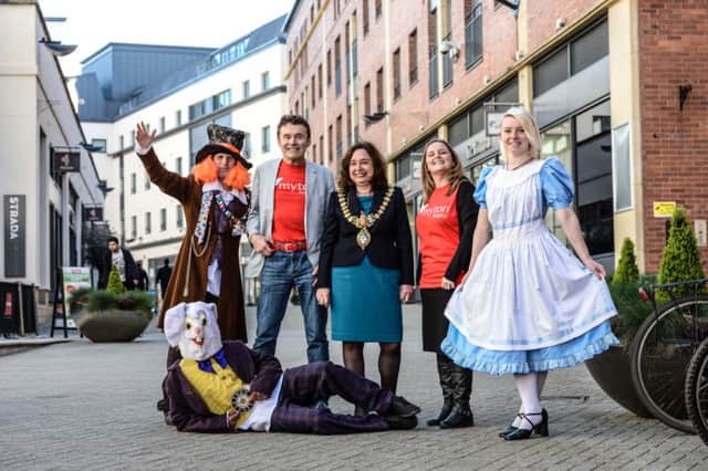 David Harrop gets support from Leamington mayor Cllr Judith Clarke, Sara Revell from Myton Hospice and fellow entertainers ahead of his charity performance at Regent Court.