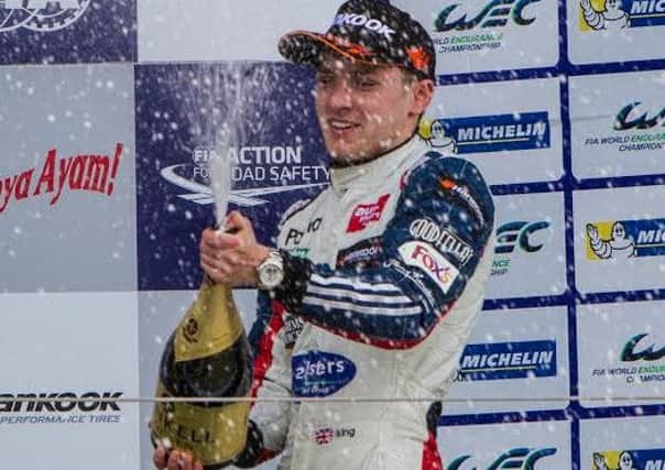 Jordan King celebrates his third-placed finish in the Formula 3 European Series curtain-raiser at Silverstone but it was to prove a rare highlight for the  20-year-old on a tough opening weekend. Picture: James Bearne Photography