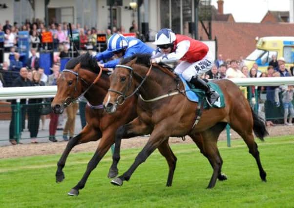 Paul Hanagan gets Sahra Al Khadra (far side) up to beat Space Walker and complete a Warwick five-timer. Picture: Les Hurley