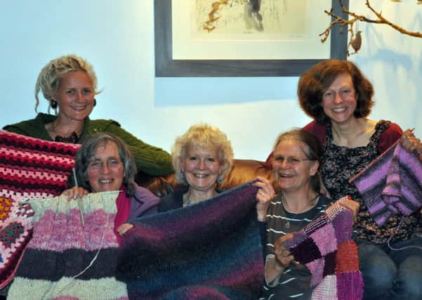 Peace Scarf Knitters: (l to r) Caz Ingall, Judy Steele, Felicity Rock, Jane Ingall, Ali Jeffery