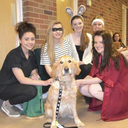 Southam College sixth formers in fancy dress for the school's charity week, with a guide dog.