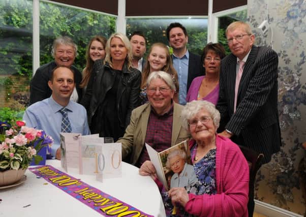 Hilda Lucas was celebrating her 100th birthday with family and friends at the Episode Hotel in Leamington on Saturday. She is pictured with her two sons Mike and Gerald Lucas along with their immediate family. NNL-140524-170143009