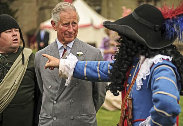 HRH Prince Charles at Warwick Castle with historical characters 'Richard Dugdale' (Kevin McGreevy) and 'William Dugdale' (Chris Hampson).
