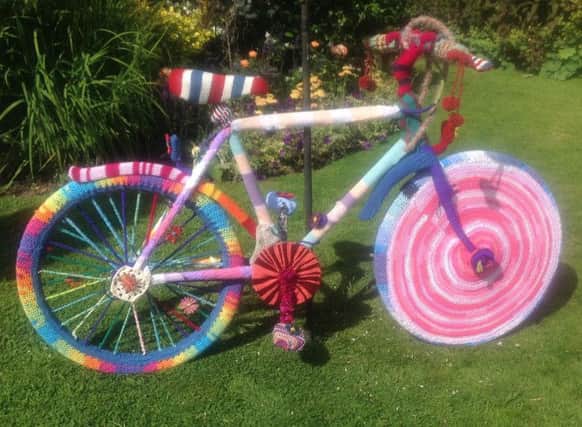 The 'yarn bombed' bicycle created for a Warwickshire Open Studios event in Offchurch.