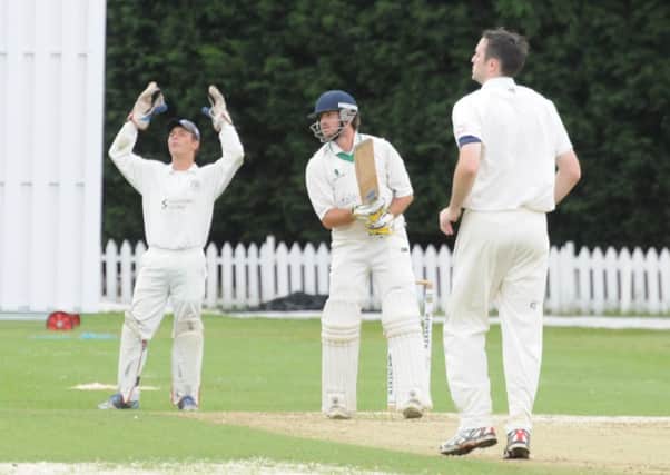 Leamington batsman Lee Hopkins survives an anxious moment to the consternation of Old Elizabethans wicketkeper Johann Smit. Picture: Morris Troughton.