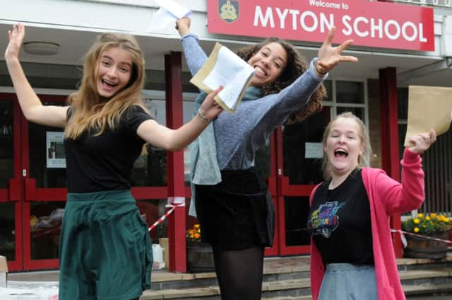 Pupils at Myton School celebrating their GCSE results last year.