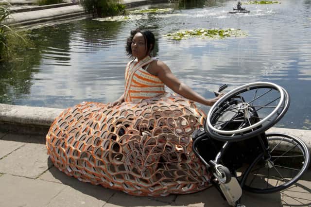 London Paralympian athlete Anne Wafula-Strike MBE models the 'wheelchair dress' designed by Leamington designer Aleah Leigh. Picture by Alessia Pierdomenico.