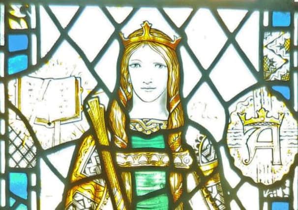 Aethelflaed, Lady of the Mercians, portrayed in a stained glass window in St Andrew's Church, Churchdown, Gloucester.