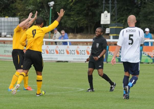 Stuart Pierpoint and Stefan Moore appeal in vain for a penalty. Picture: Morris Troughton