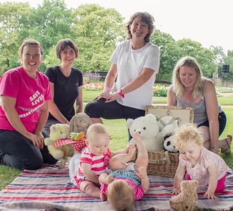 Phys-ogue postnatal fitness instructor Bernadette Fogarty with new mums Severine White, Laura Corbett and Victoria Ellis and their babies Emilie Rose White, Indigo Rose Litchfield and Lexi-Jean Ellis. Picture by Offspring Photography.